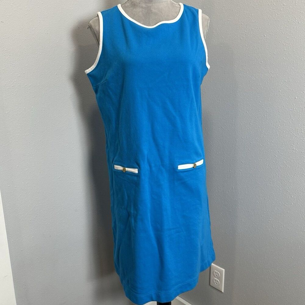 Lands End Womens Blue Shift Dress Medium M 10 12 Sleeveless Pockets Nautical